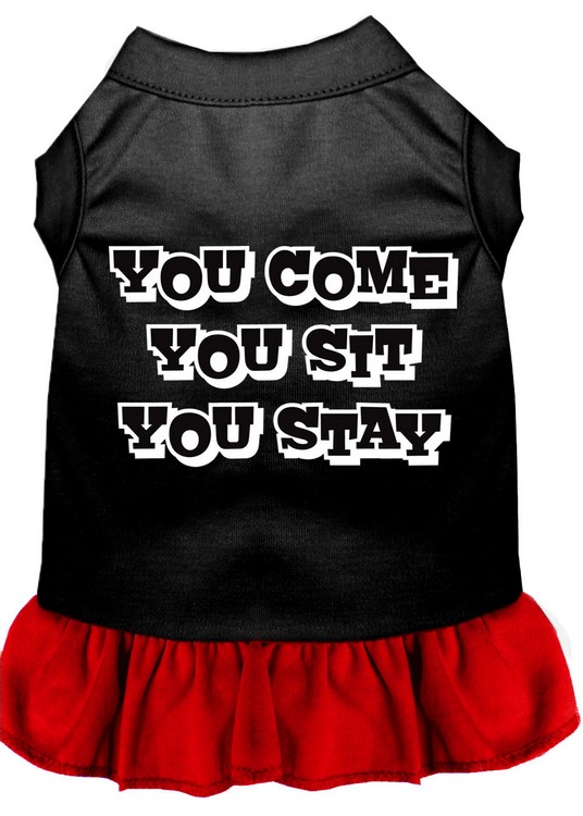 You Come, You Sit, You Stay Screen Print Dress Black with Red Sm